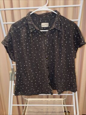 Dark Grey Dot-Print Button Front Women's Top